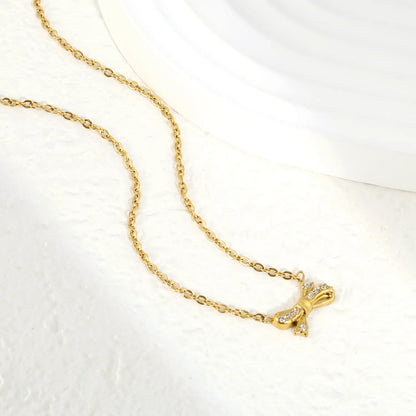 CZ-Encrusted Bow Pendant Necklace Adjustable 40+5cm | 18K Gold Plated | Wholesale Bulk Order MOQ 12