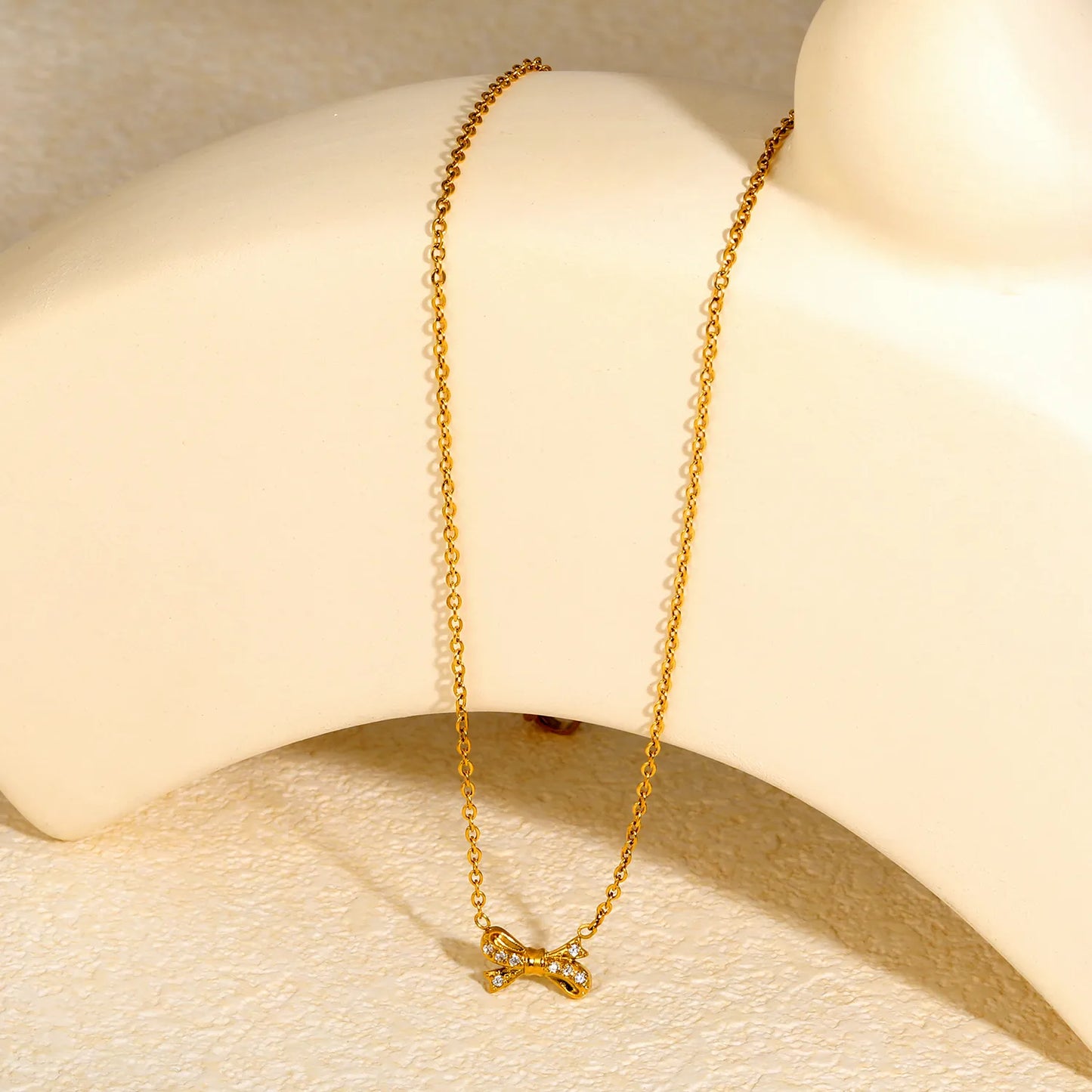 CZ-Encrusted Bow Pendant Necklace Adjustable 40+5cm | 18K Gold Plated | Wholesale Bulk Order MOQ 12