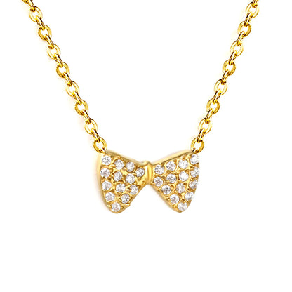 CZ Pave Bow Pendant Necklace | Adjustable 40+5cm | 18K Gold Plated | Wholesale Bulk Order MOQ 12