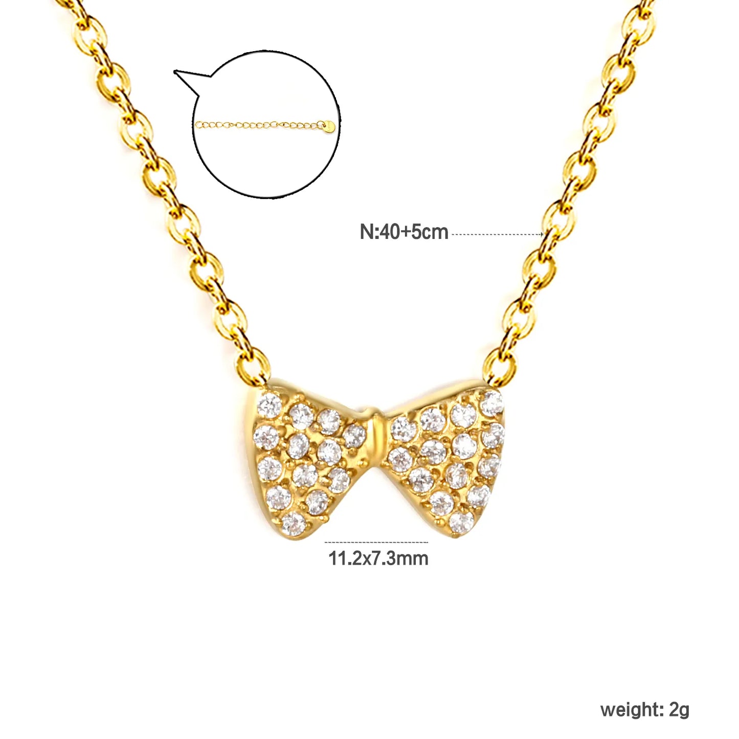 CZ Pave Bow Pendant Necklace | Adjustable 40+5cm | 18K Gold Plated | Wholesale Bulk Order MOQ 12
