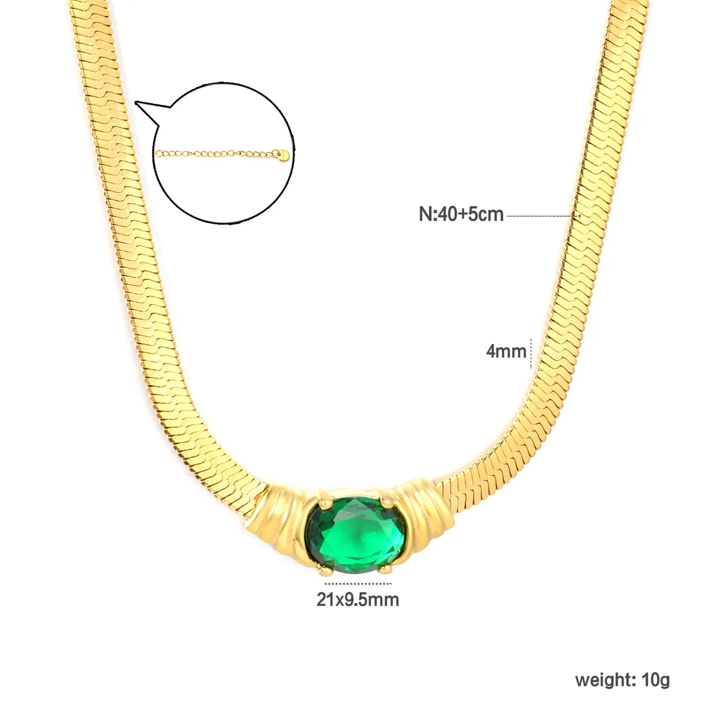 18K Plated Chain with Green CZ Herringbone Necklace | Adjustable 40+5cm | Gold & Silver Color | Wholesale Bulk Order MOQ 12