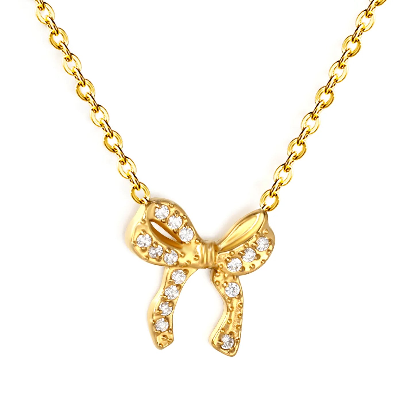 Openwork CZ Bow Pendant Necklace Adjustable 40+5cm | 18K Gold Plated | Hypoallergenic & Tarnish-Resistant | Wholesale MOQ 12