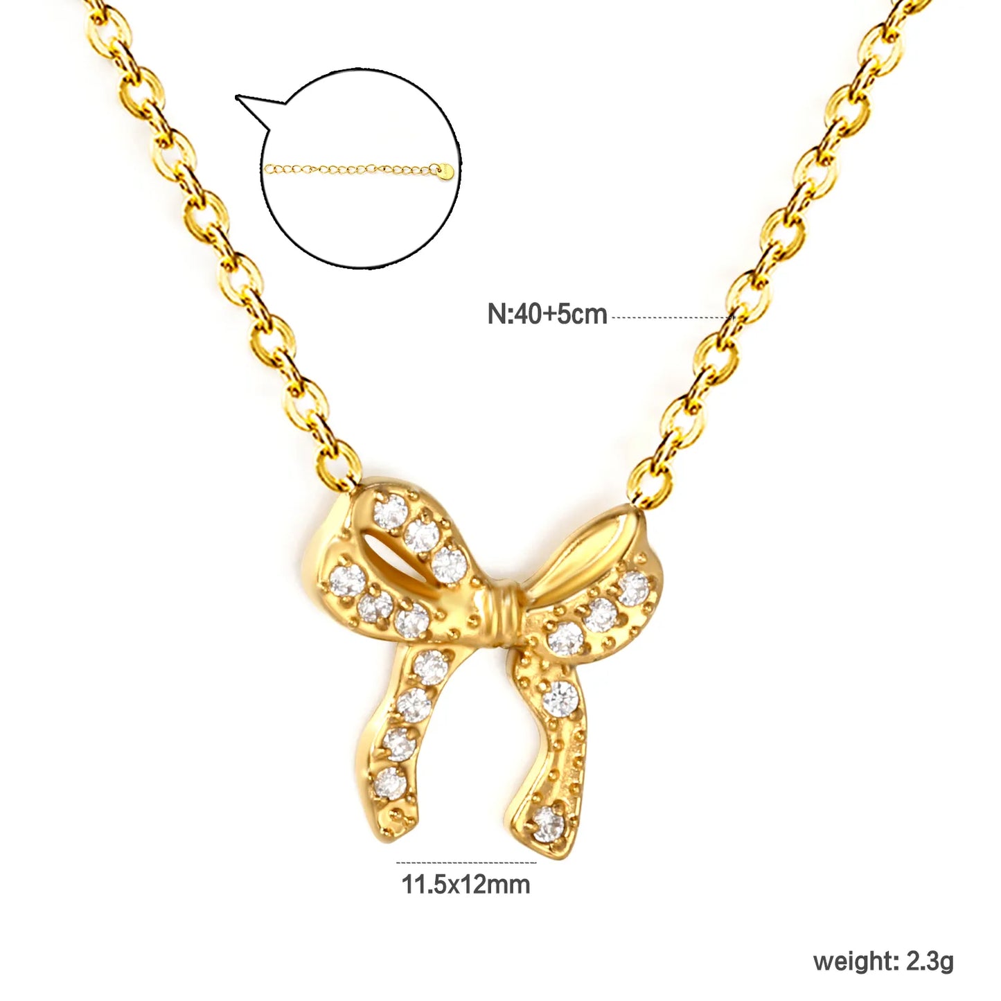 Openwork CZ Bow Pendant Necklace Adjustable 40+5cm | 18K Gold Plated | Hypoallergenic & Tarnish-Resistant | Wholesale MOQ 12