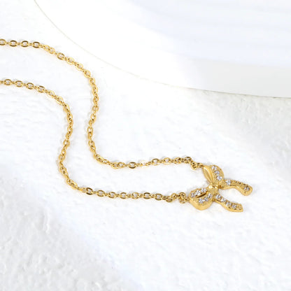 Openwork CZ Bow Pendant Necklace Adjustable 40+5cm | 18K Gold Plated | Hypoallergenic & Tarnish-Resistant | Wholesale MOQ 12