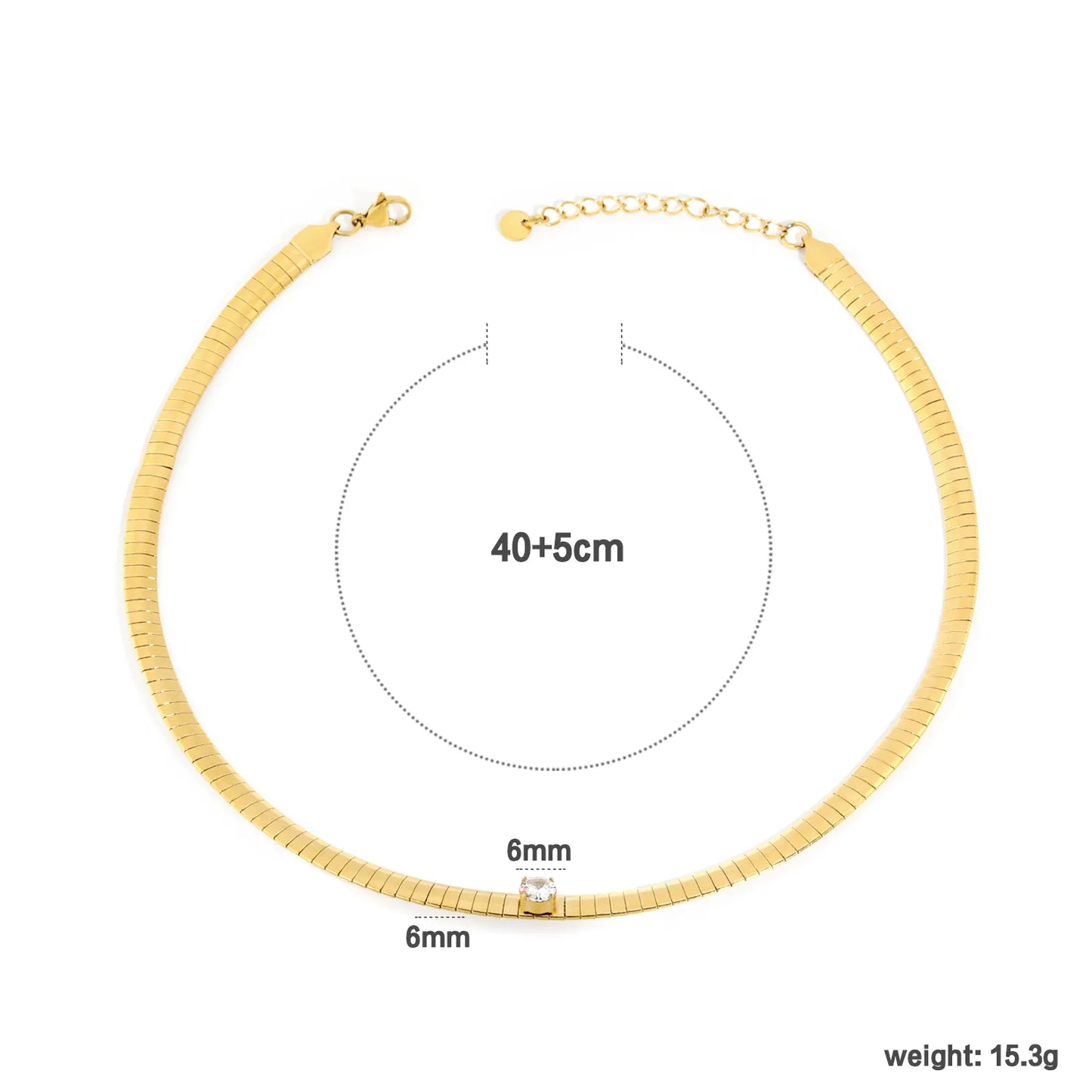 Single-CZ Choker Necklace | Adjustable 40+5cm | Wide 6mm Herringbone Chain | Tarnish-Resistant 18K Gold Plated | Wholesale MOQ 12