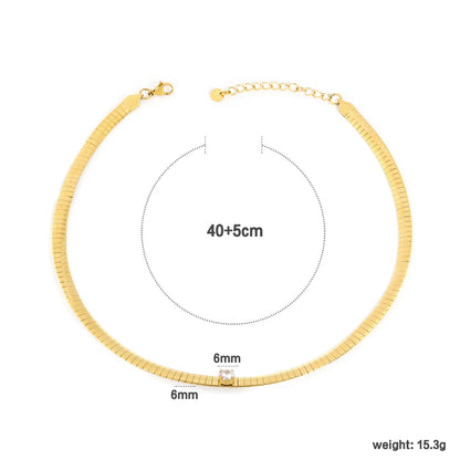 Single-CZ Choker Necklace | Adjustable 40+5cm | Wide 6mm Herringbone Chain | Tarnish-Resistant 18K Gold Plated | Wholesale MOQ 12