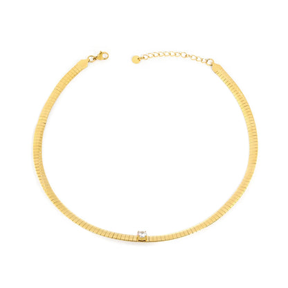 Single-CZ Choker Necklace | Adjustable 40+5cm | Wide 6mm Herringbone Chain | Tarnish-Resistant 18K Gold Plated | Wholesale MOQ 12
