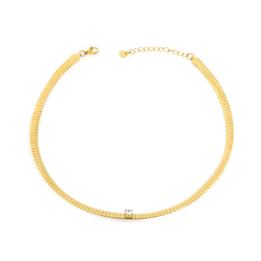 Single-CZ Choker Necklace | Adjustable 40+5cm | Wide 6mm Herringbone Chain | Tarnish-Resistant 18K Gold Plated | Wholesale MOQ 12