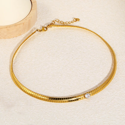 Single-CZ Choker Necklace | Adjustable 40+5cm | Wide 6mm Herringbone Chain | Tarnish-Resistant 18K Gold Plated | Wholesale MOQ 12