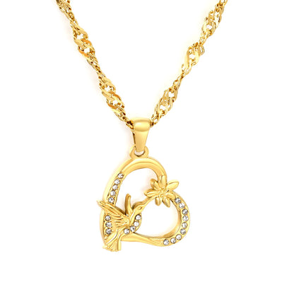 Wholesale CZ Hummingbird & Heart Pendant Necklace Adjustable 45+5cm | 3mm Twisted Cuban Chain | 18K Gold Plated | MOQ 12