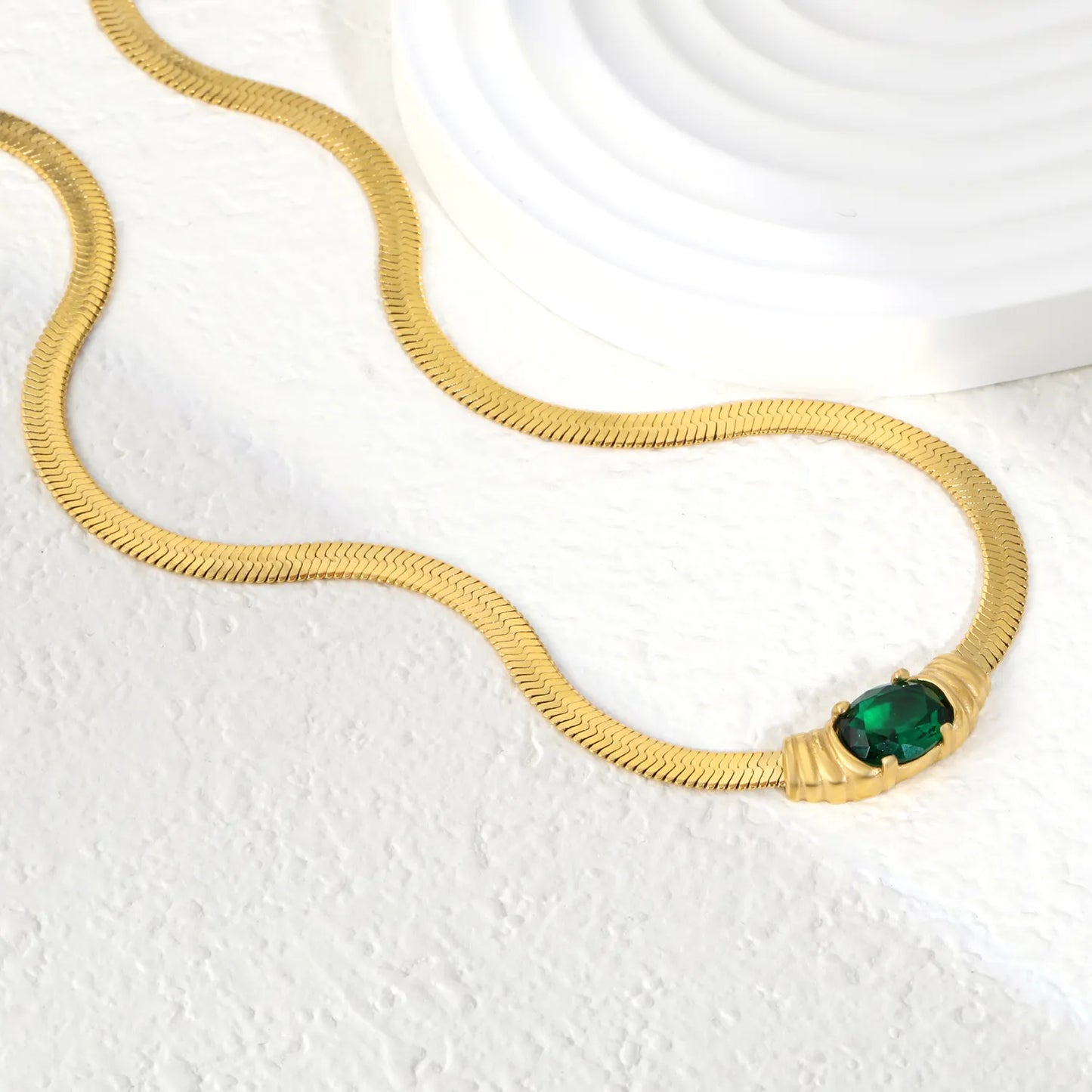 18K Plated Chain with Green CZ Herringbone Necklace | Adjustable 40+5cm | Gold & Silver Color | Wholesale Bulk Order MOQ 12