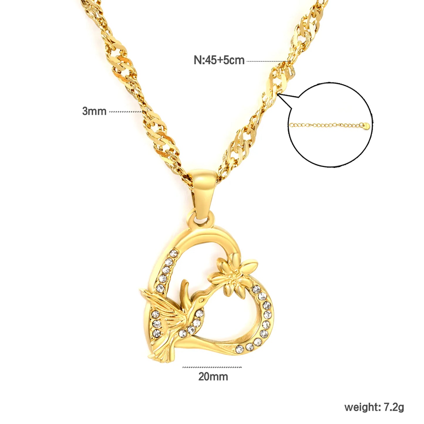 Wholesale CZ Hummingbird & Heart Pendant Necklace Adjustable 45+5cm | 3mm Twisted Cuban Chain | 18K Gold Plated | MOQ 12