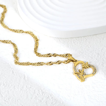 Wholesale CZ Hummingbird & Heart Pendant Necklace Adjustable 45+5cm | 3mm Twisted Cuban Chain | 18K Gold Plated | MOQ 12