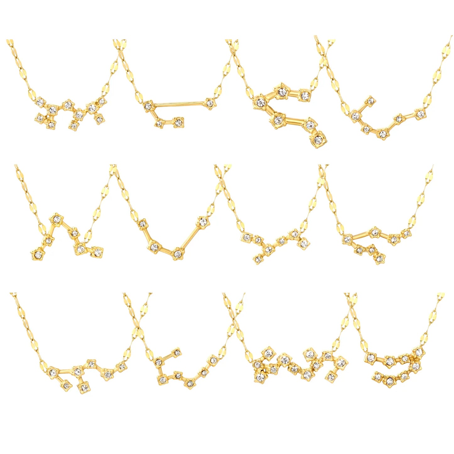 12 Zodiac Constellation Necklace | Adjustable 42+5cm | 18K Gold Plated Stainless Steel | CZ Star Sign Pendant | Personalized Jewelry | Wholesale MOQ 12