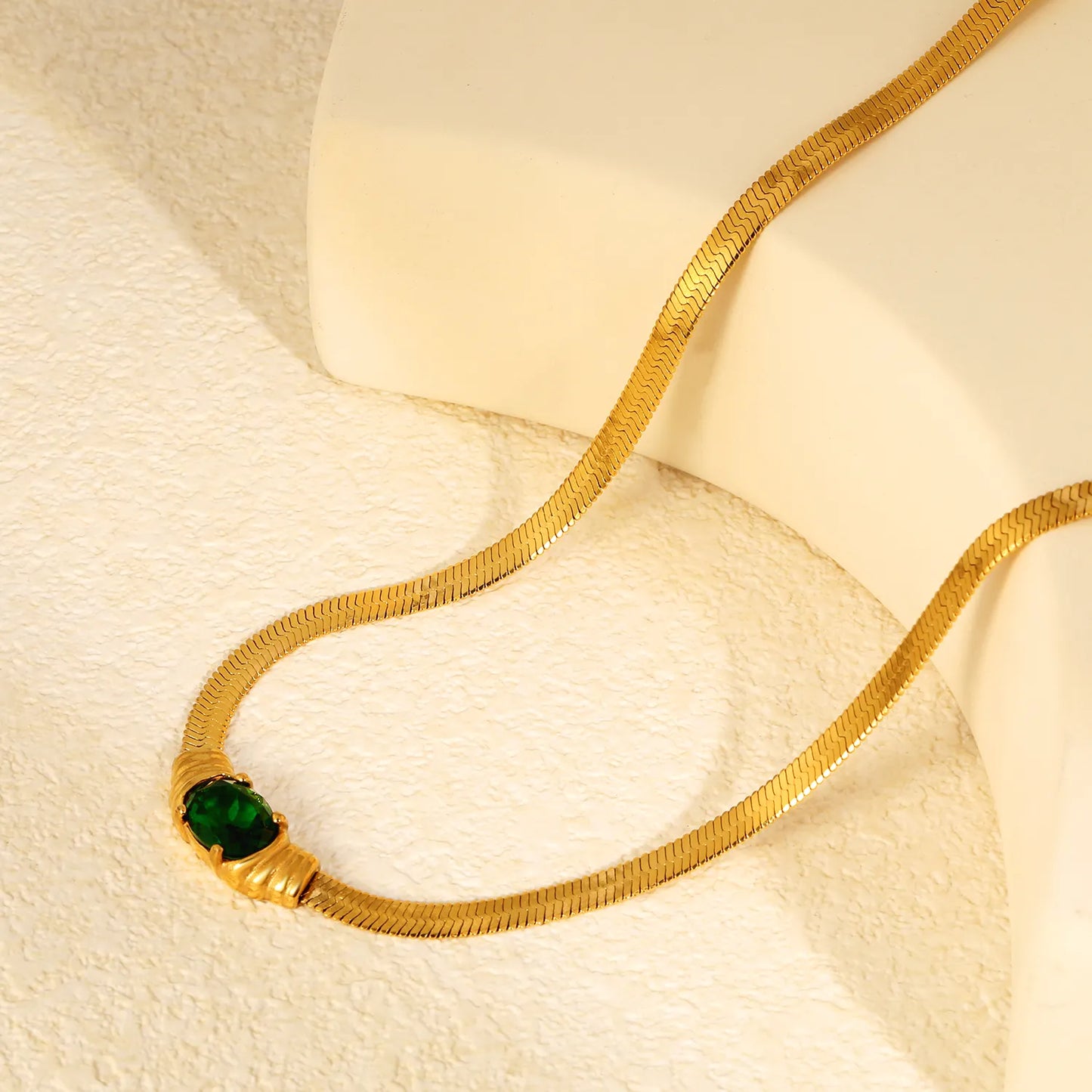 18K Plated Chain with Green CZ Herringbone Necklace | Adjustable 40+5cm | Gold & Silver Color | Wholesale Bulk Order MOQ 12