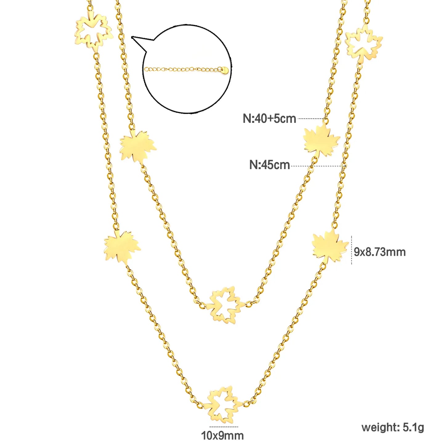 Layered Maple Leaf Station Necklace Adjustable 40+5cm | 18K Gold Plated | Dual-Chain Choker | Wholesale MOQ 12