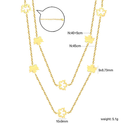 Layered Maple Leaf Station Necklace Adjustable 40+5cm | 18K Gold Plated | Dual-Chain Choker | Wholesale MOQ 12