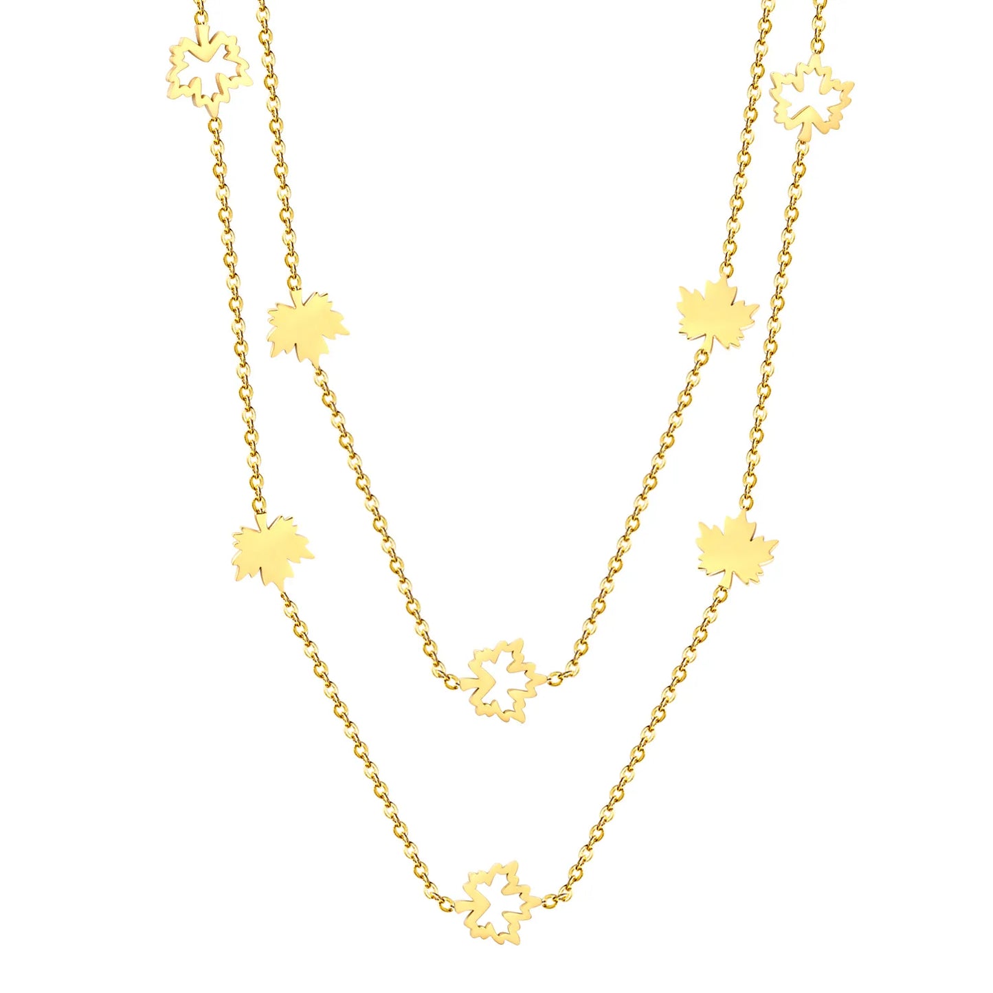 Layered Maple Leaf Station Necklace Adjustable 40+5cm | 18K Gold Plated | Dual-Chain Choker | Wholesale MOQ 12