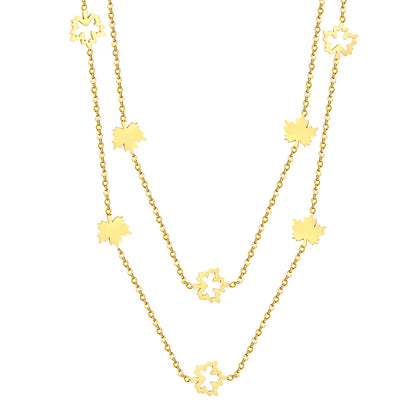 Layered Maple Leaf Station Necklace Adjustable 40+5cm | 18K Gold Plated | Dual-Chain Choker | Wholesale MOQ 12