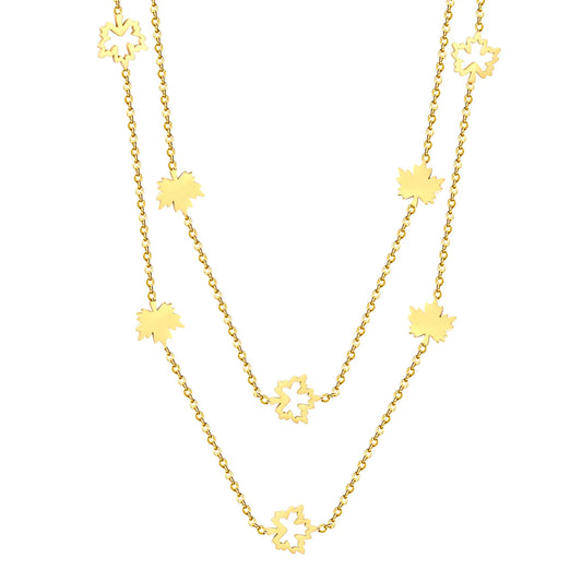 Layered Maple Leaf Station Necklace Adjustable 40+5cm | 18K Gold Plated | Dual-Chain Choker | Wholesale MOQ 12