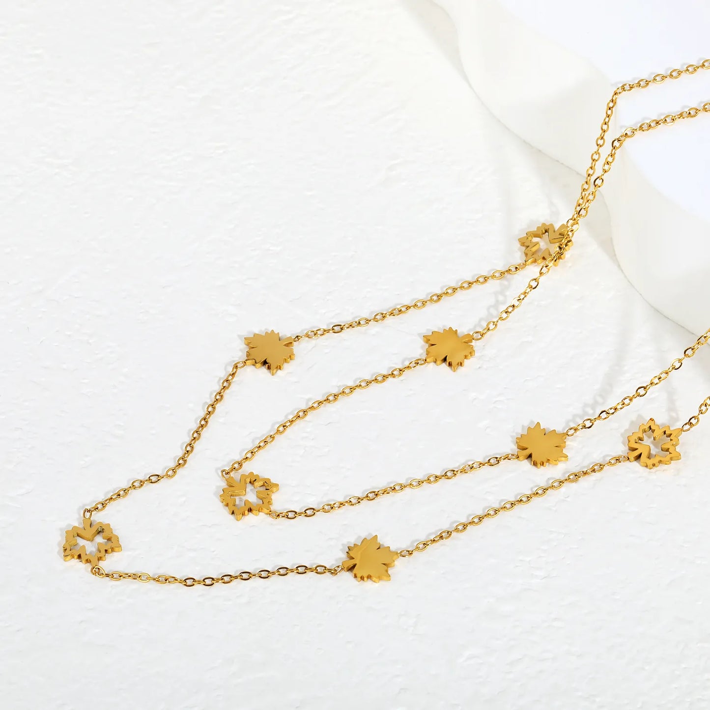 Layered Maple Leaf Station Necklace Adjustable 40+5cm | 18K Gold Plated | Dual-Chain Choker | Wholesale MOQ 12