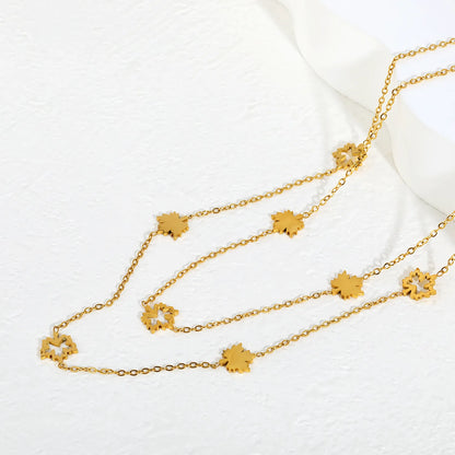 Layered Maple Leaf Station Necklace Adjustable 40+5cm | 18K Gold Plated | Dual-Chain Choker | Wholesale MOQ 12