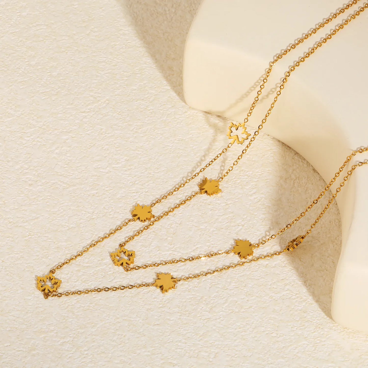 Layered Maple Leaf Station Necklace Adjustable 40+5cm | 18K Gold Plated | Dual-Chain Choker | Wholesale MOQ 12