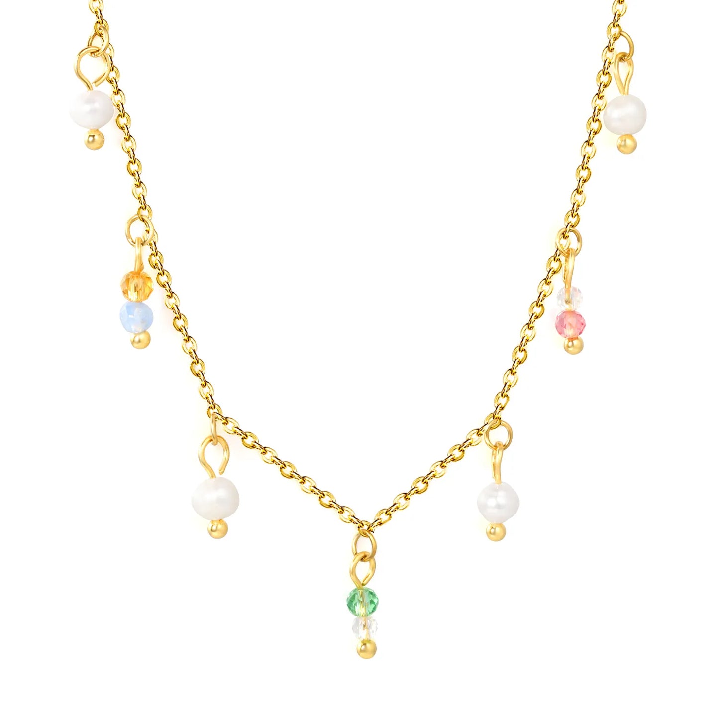 Pastel Acrylic Bead & Pearl Droplet Station Necklace Adjustable 40+5cm | 18K Gold Plated Stainless Steel | Lightweight Choker Style | Wholesale MOQ 12