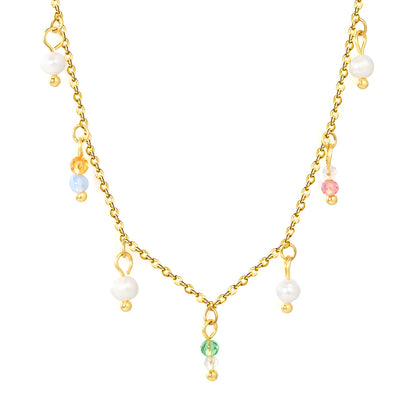 Pastel Acrylic Bead & Pearl Droplet Station Necklace Adjustable 40+5cm | 18K Gold Plated Stainless Steel | Lightweight Choker Style | Wholesale MOQ 12