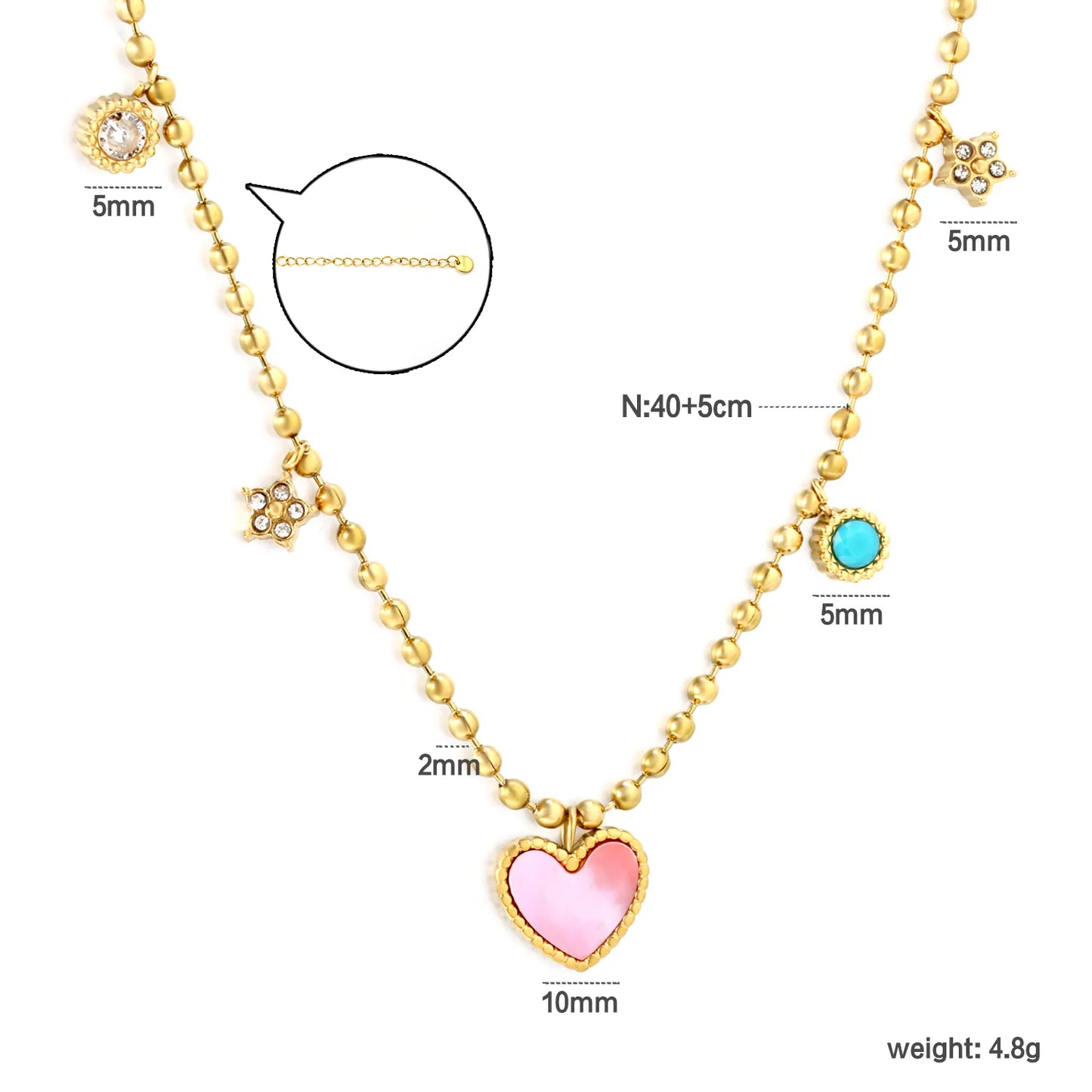 Pink Heart & Multi-Charm Ball Necklace 18K Gold Plated Chain |  Adjustable 40+5cm | Wholesale Bulk Order MOQ 12