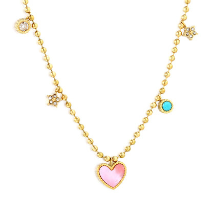 Pink Heart & Multi-Charm Ball Necklace 18K Gold Plated Chain |  Adjustable 40+5cm | Wholesale Bulk Order MOQ 12