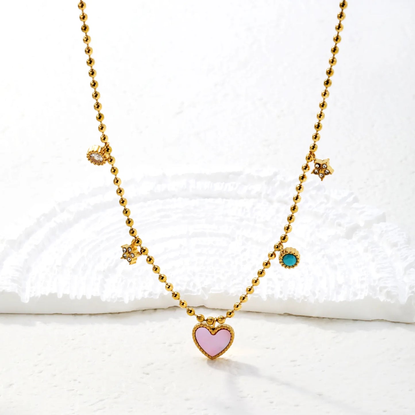 Pink Heart & Multi-Charm Ball Necklace 18K Gold Plated Chain |  Adjustable 40+5cm | Wholesale Bulk Order MOQ 12