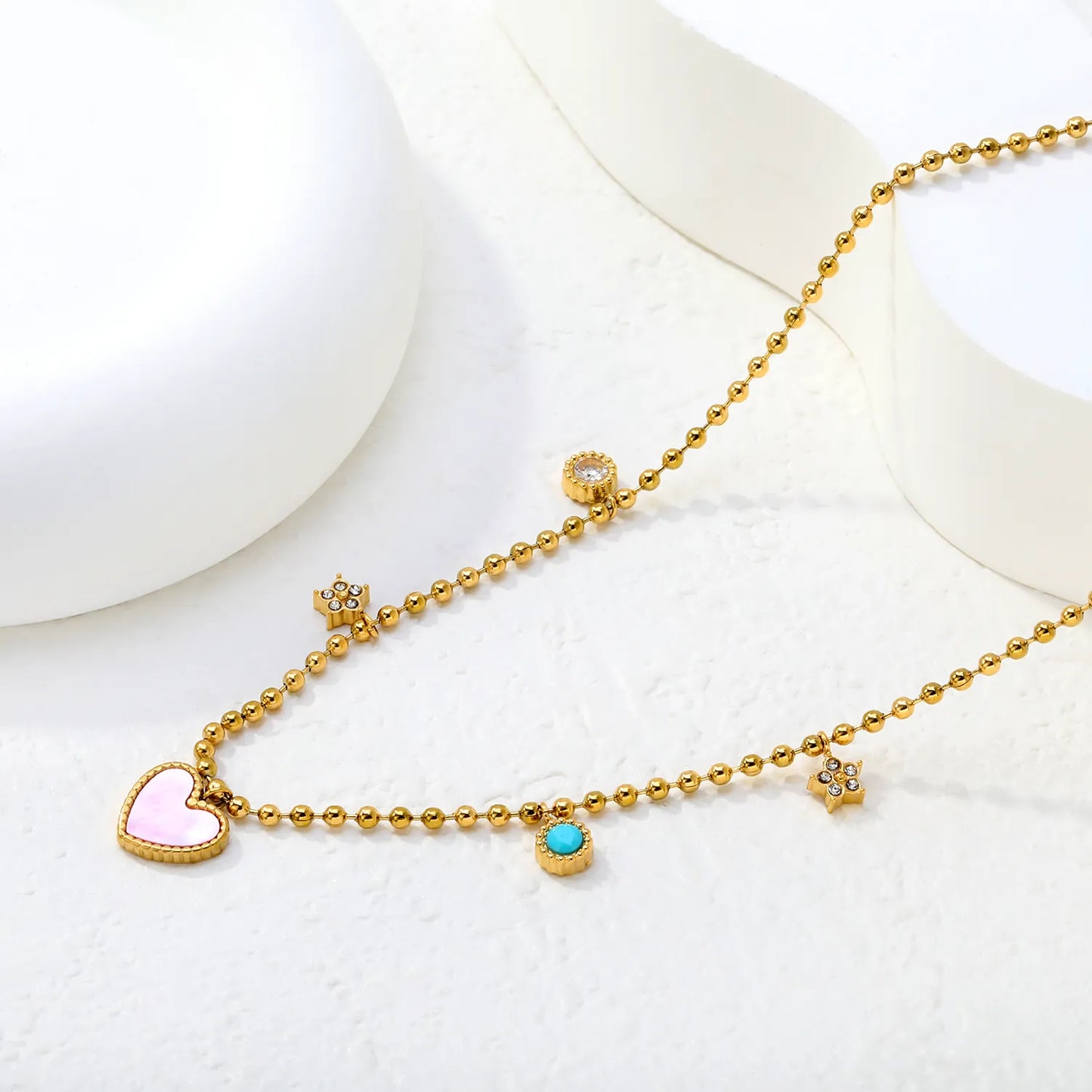 Pink Heart & Multi-Charm Ball Necklace 18K Gold Plated Chain |  Adjustable 40+5cm | Wholesale Bulk Order MOQ 12