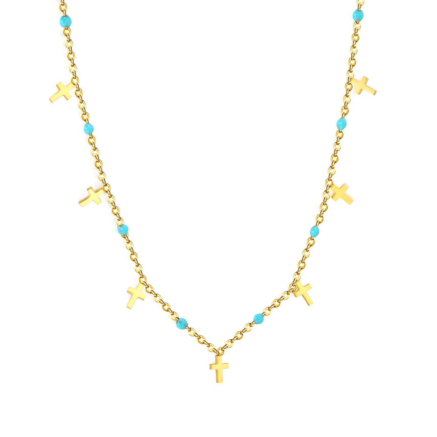 Wholesale Turquoise Bead & Cross Charm Station 18K Gold Plated  Necklace |  Adjustable 40+5cm |  Bulk Order MOQ 12
