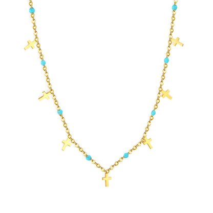 Wholesale Turquoise Bead & Cross Charm Station 18K Gold Plated  Necklace |  Adjustable 40+5cm |  Bulk Order MOQ 12