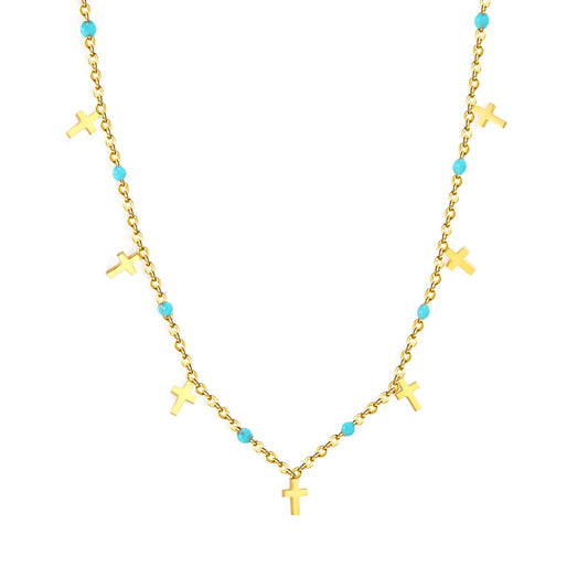Wholesale Turquoise Bead & Cross Charm Station 18K Gold Plated  Necklace |  Adjustable 40+5cm |  Bulk Order MOQ 12