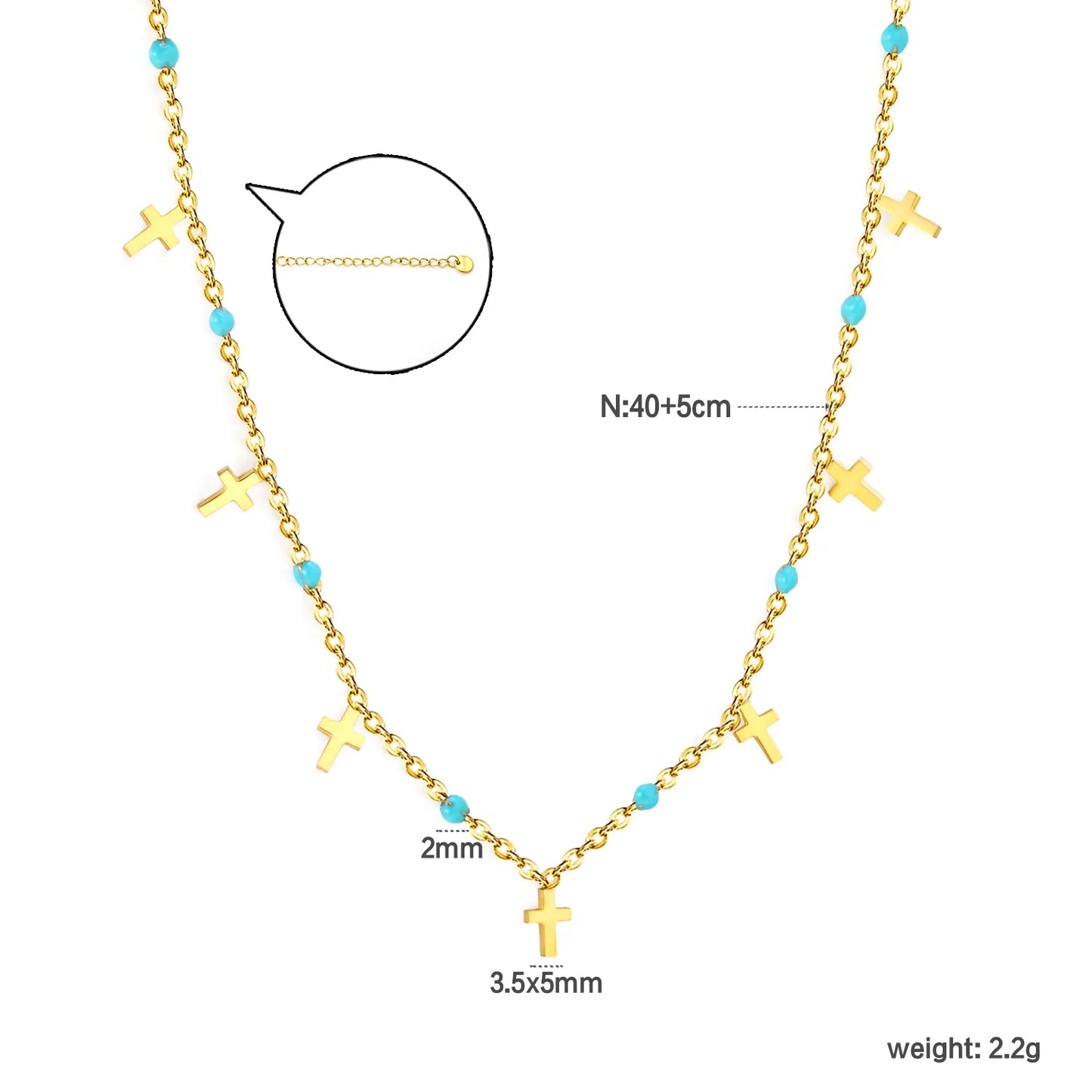 Wholesale Turquoise Bead & Cross Charm Station 18K Gold Plated  Necklace |  Adjustable 40+5cm |  Bulk Order MOQ 12