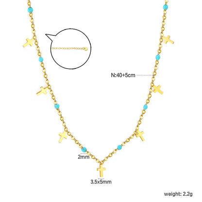 Wholesale Turquoise Bead & Cross Charm Station 18K Gold Plated  Necklace |  Adjustable 40+5cm |  Bulk Order MOQ 12