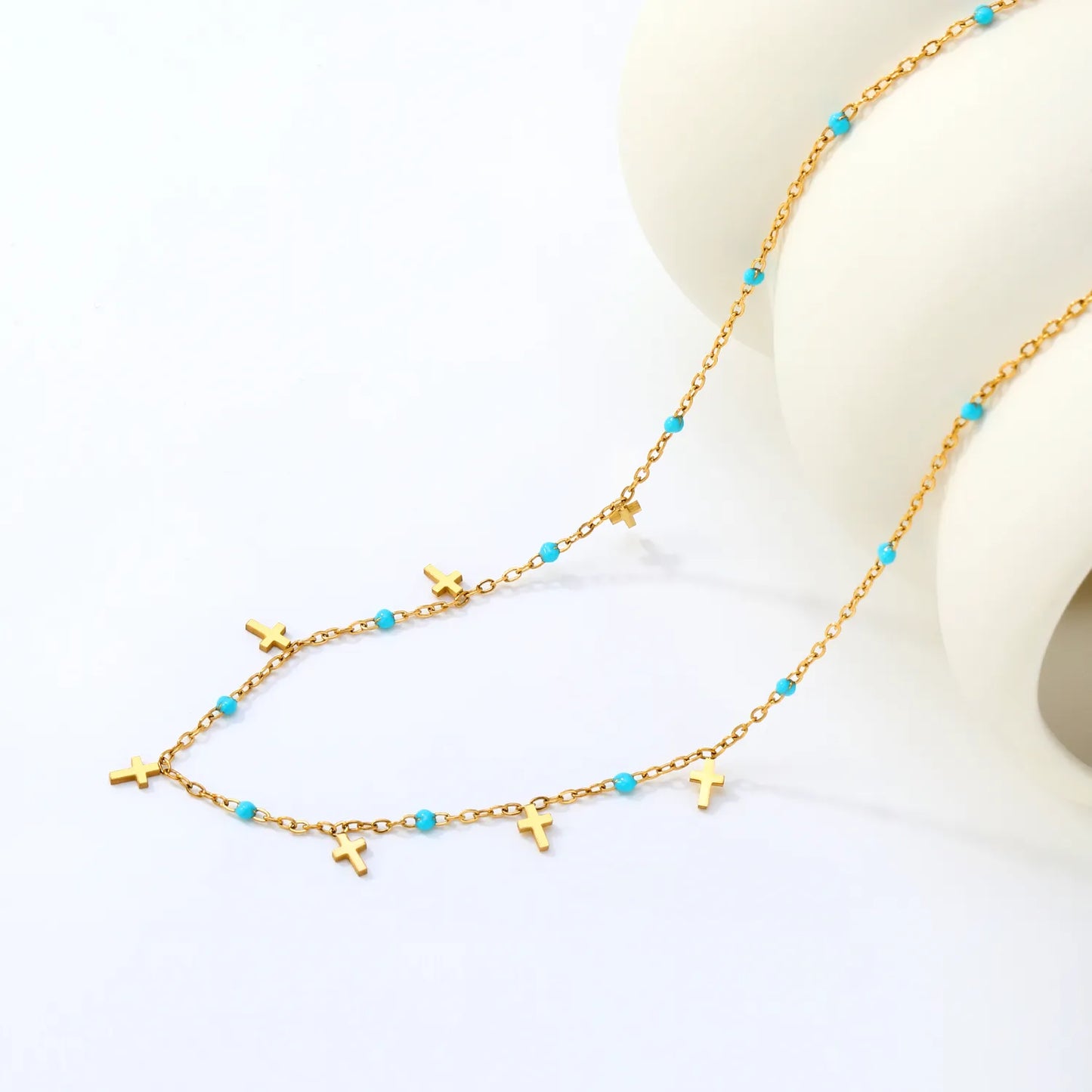 Wholesale Turquoise Bead & Cross Charm Station 18K Gold Plated  Necklace |  Adjustable 40+5cm |  Bulk Order MOQ 12