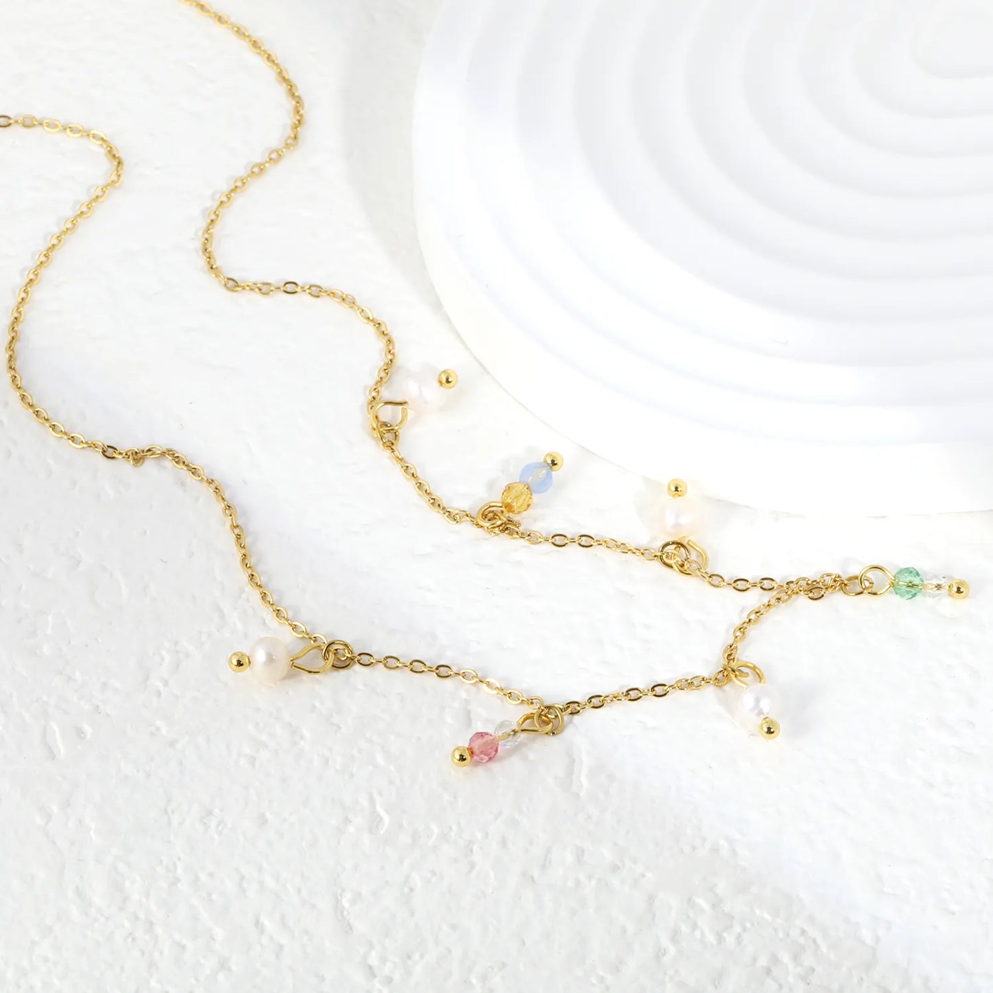 Pastel Acrylic Bead & Pearl Droplet Station Necklace Adjustable 40+5cm | 18K Gold Plated Stainless Steel | Lightweight Choker Style | Wholesale MOQ 12