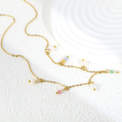 Pastel Acrylic Bead & Pearl Droplet Station Necklace Adjustable 40+5cm | 18K Gold Plated Stainless Steel | Lightweight Choker Style | Wholesale MOQ 12