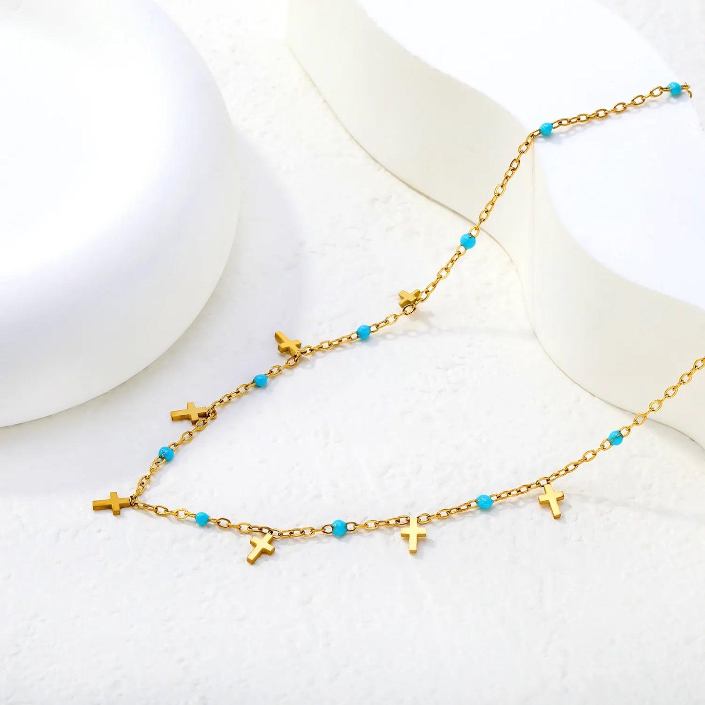 Wholesale Turquoise Bead & Cross Charm Station 18K Gold Plated  Necklace |  Adjustable 40+5cm |  Bulk Order MOQ 12
