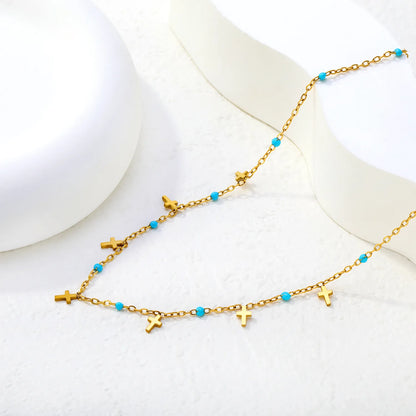 Wholesale Turquoise Bead & Cross Charm Station 18K Gold Plated  Necklace |  Adjustable 40+5cm |  Bulk Order MOQ 12