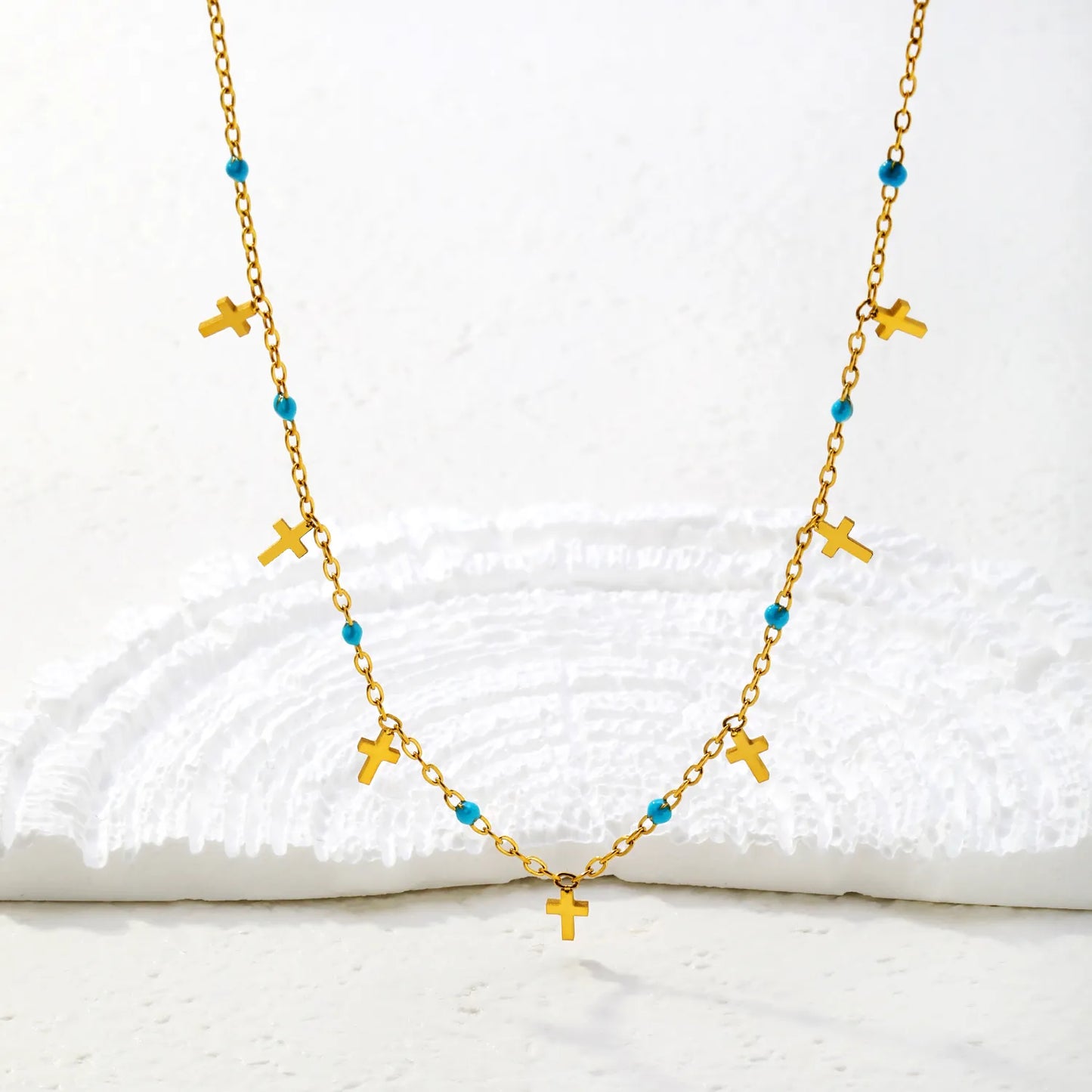 Wholesale Turquoise Bead & Cross Charm Station 18K Gold Plated  Necklace |  Adjustable 40+5cm |  Bulk Order MOQ 12