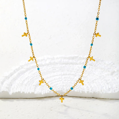 Wholesale Turquoise Bead & Cross Charm Station 18K Gold Plated  Necklace |  Adjustable 40+5cm |  Bulk Order MOQ 12