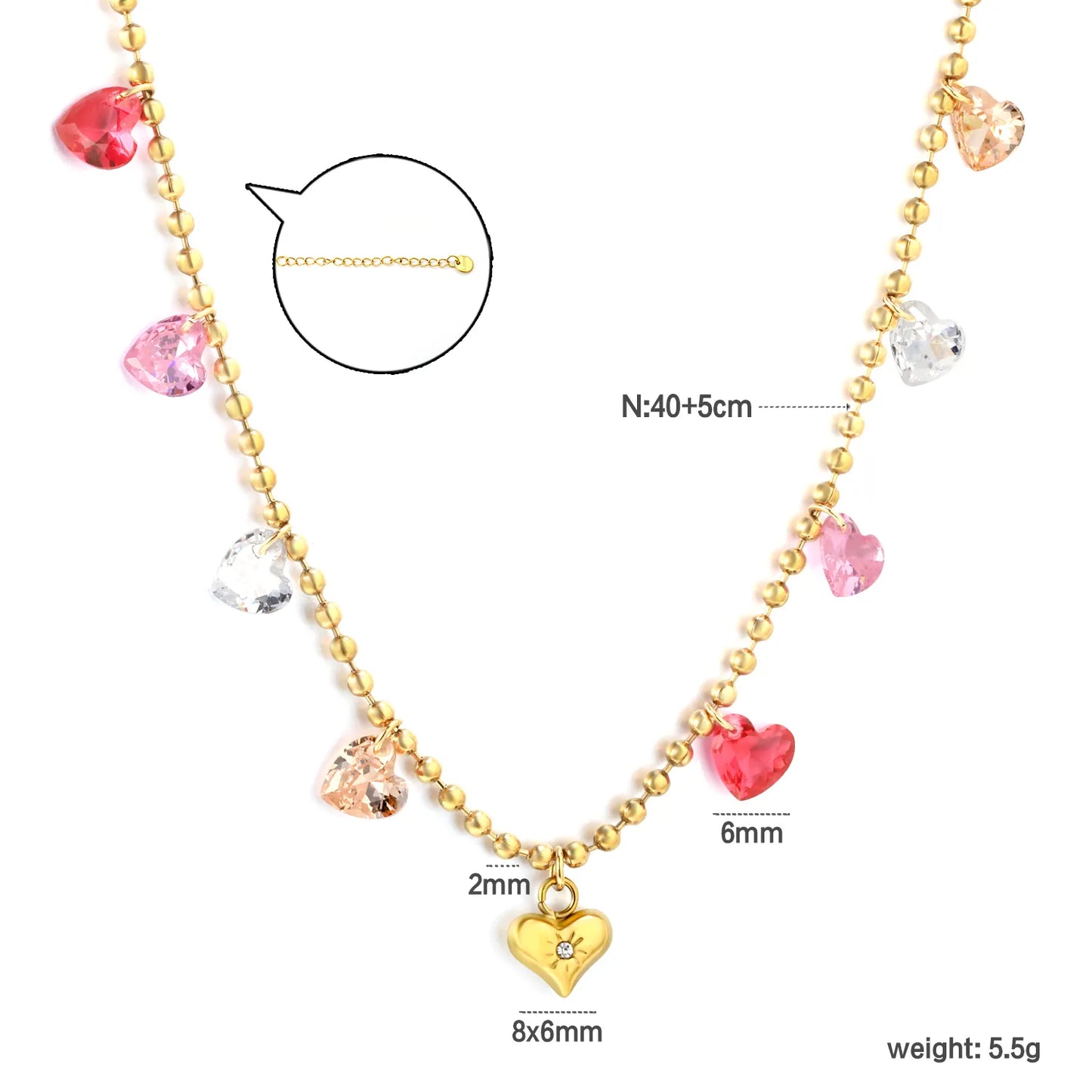 Multi-Color Crystal Heart Station Necklace |  Adjustable 40+5cm | 18K Gold Plated Stainless Steel Jewelry | Wholesale Bulk Order MOQ 12