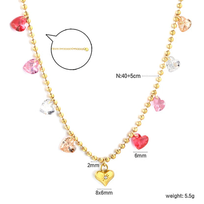 Multi-Color Crystal Heart Station Necklace |  Adjustable 40+5cm | 18K Gold Plated Stainless Steel Jewelry | Wholesale Bulk Order MOQ 12