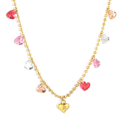 Multi-Color Crystal Heart Station Necklace |  Adjustable 40+5cm | 18K Gold Plated Stainless Steel Jewelry | Wholesale Bulk Order MOQ 12