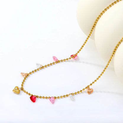 Multi-Color Crystal Heart Station Necklace |  Adjustable 40+5cm | 18K Gold Plated Stainless Steel Jewelry | Wholesale Bulk Order MOQ 12