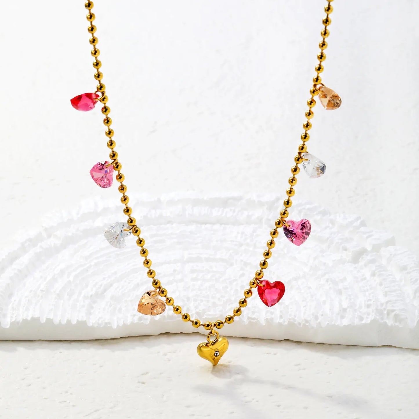 Multi-Color Crystal Heart Station Necklace |  Adjustable 40+5cm | 18K Gold Plated Stainless Steel Jewelry | Wholesale Bulk Order MOQ 12